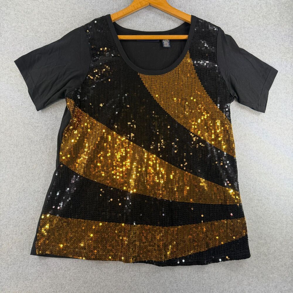 Denim 24/7 Womenโs L Black Gold Sequin Short Sleeve Party Top Blouse 3515